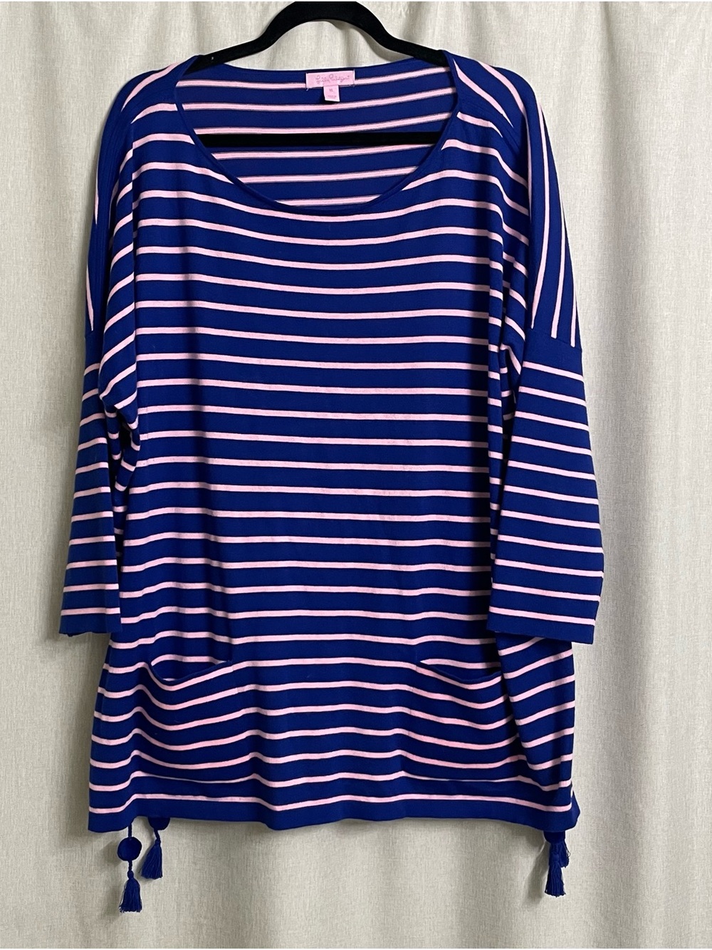 Lilly Pulitzer XL Blue Pink Striped Tassel Tunic Sweater Top Coastal Preppy